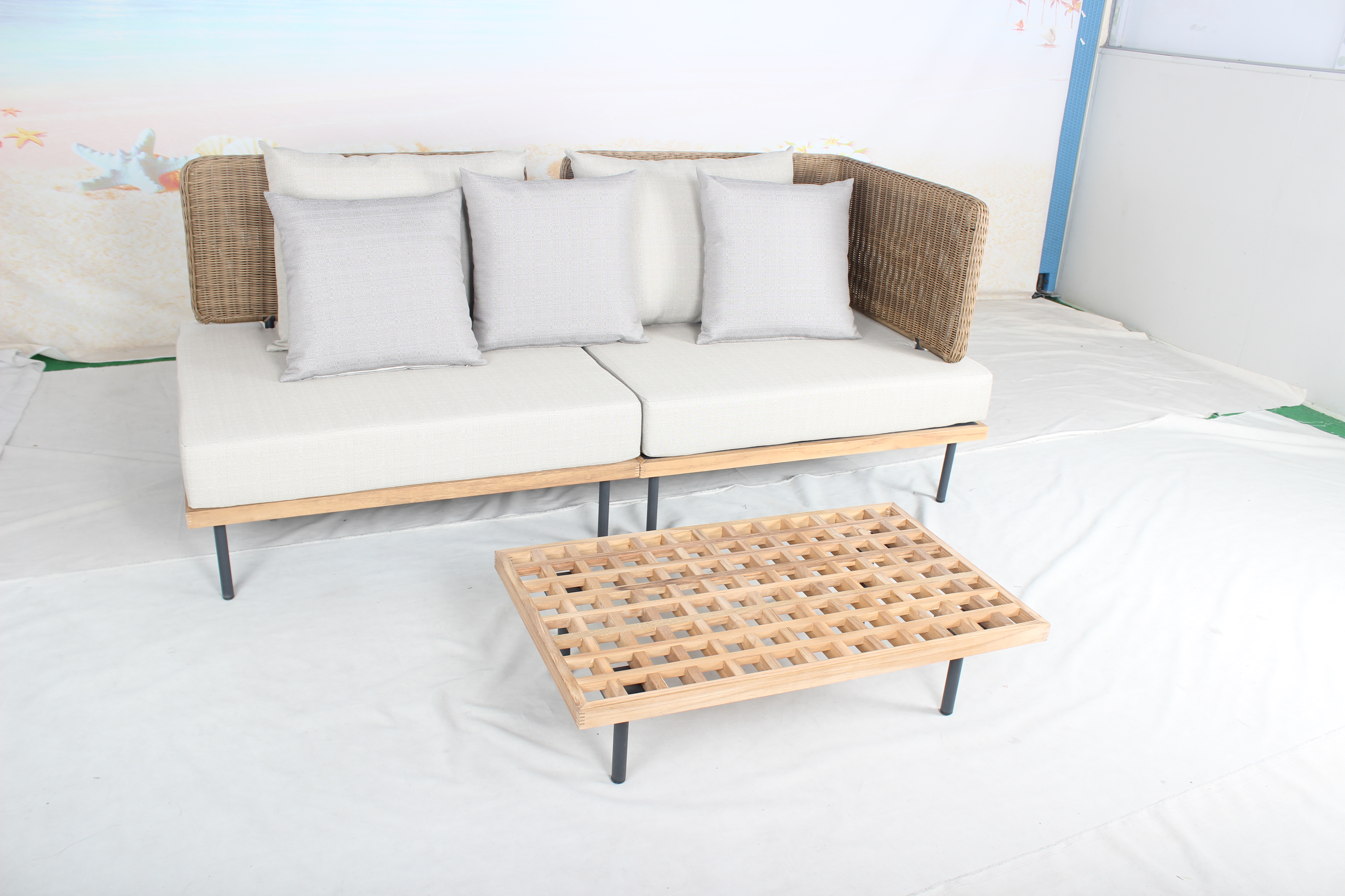 Teakwood rattan outdoor sectional sofa
