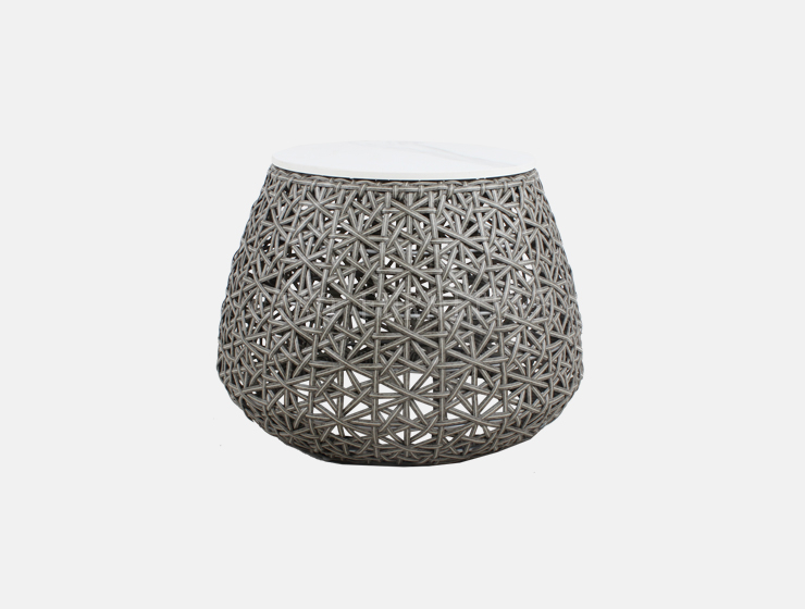 Round grey outdoor wicker end table